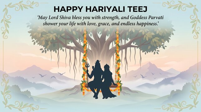 Silhouette of lord shiva and goddess parvati sitting on a floral swing under a large banyan tree, celebrating the hariyali teej festival with a soft glowing sunrise ... 