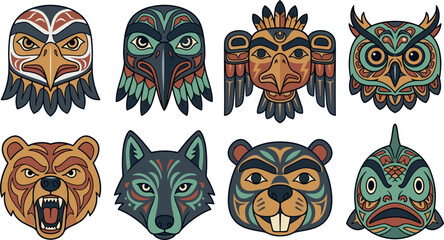 Obraz premium Indigenous Pacific Northwest Style Totem Animal Face Icon Set with Eagle Raven Thunderbird Owl Bear Wolf Beaver and Salmon Tribal Vector Designs