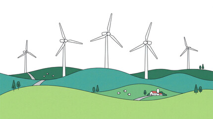 Fototapeta premium Wind Turbines on Rolling Hills Under Clear Sky.