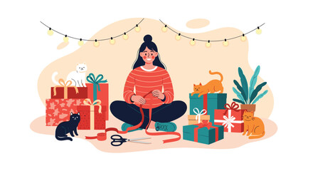 Naklejka premium Happy young woman sits on the floor wrapping colorful Christmas presents while surrounded by her adorable pet cats.