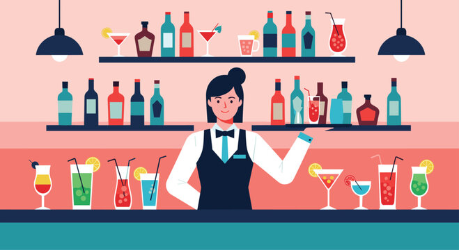 Friendly female bartender wearing a uniform stands behind a bar counter filled with various colorful cocktails and bottles.
