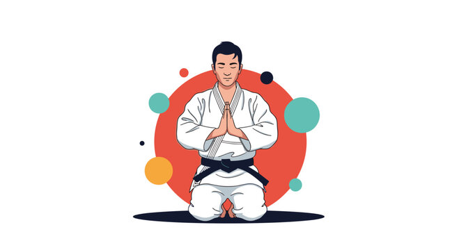 Disciplined karate master in a white kimono and black belt sitting in a meditative pose for mental focus and peace.