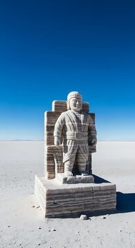 Ancient Stone Statue of a Warrior in a Desert Landscape.