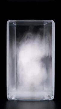 Cybersecurity glass block with abstract white cloud transparent rectangle black background, smoke glass container for cybersecurity concept, cloud clear glass container with soft white swirl