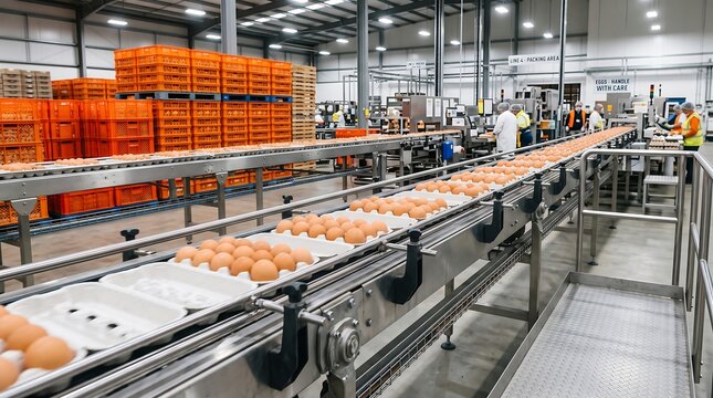 Automated egg production line in industrial food processing facility with workers checking quality on conveyor belts surrounded by stacks of orange plastic crates in a clean warehouse