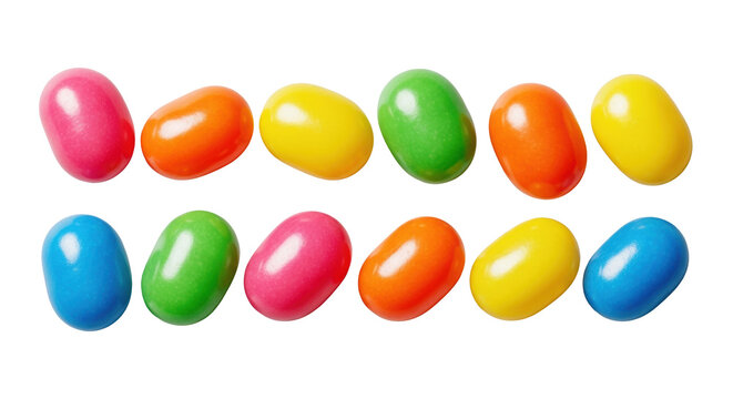 Shiny colorful jelly bean candies arranged in two horizontal rows on a transparent background from an overhead view cheerful confectionery theme