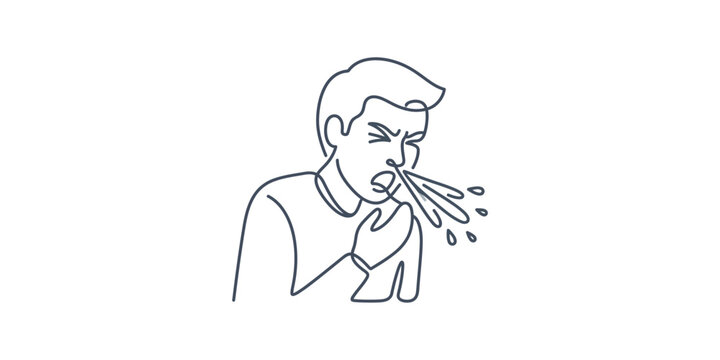 Continuous line drawing of a man sneezing and coughing.