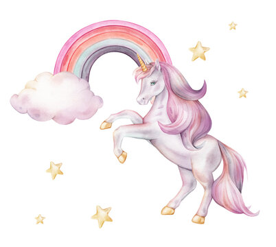 Watercolor hand drawn illustration purple unicorn leaping pastel rainbow. Children's decor and party invitations. Fantasy theme with golden stars scattered around the unicorn and cloud