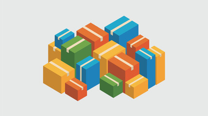 Fototapeta premium Isometric arrangement of colorful cardboard boxes stacked in a pile for delivery and logistics warehouse storage services.