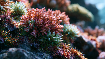 Naklejka premium Coral rubble pavement reef crest habitat, dead Porites head encrusted with crustose coralline algae, new Acropora recruit settlement visible in small colonies, reef zonation succession ecology compr