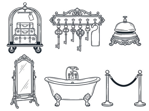 Hotel icons collection featuring vintage luggage cart keys board reception bell mirror bathtub and stanchions in detailed black line art