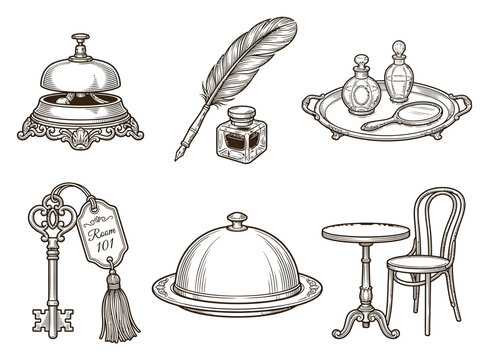 Vintage hotel service collection featuring a reception bell quill pen room key serving platter furniture in classic engraved style