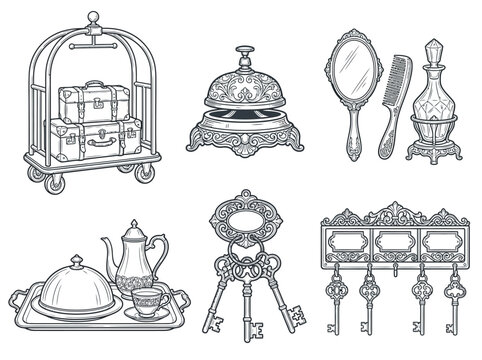 Hotel icons set featuring vintage luggage cart service bell elegant keys mirror comb and room service tray black line art