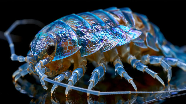 Deep sea isopod Bathynomus giganteus dorsal segmentation plate interlocking detail, compound eye facet resolution at macro scale, pereopod leg articulation preserved, abyssal gigantism body plan in 