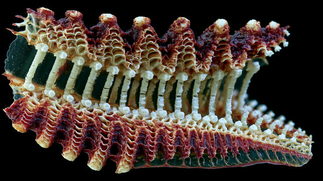 Cuttlebone Sepia officinalis internal skeleton cross-section showing chambered lamellar architecture, calcium carbonate pillar array supporting each septum, buoyancy regulation structure in biologic