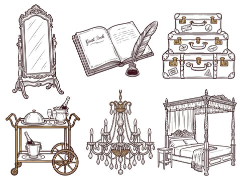 Vintage hotel luxury interior elements collection featuring ornate furniture luggage guest book chandelier and room service cart isolated on white