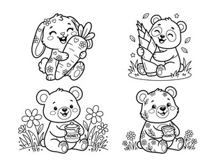 Charming black and white cartoon animals bunny and bear coloring pages for kids