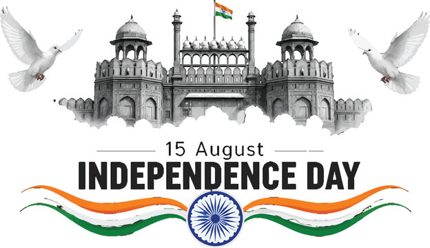Indian Independence Day celebration graphic with historic fortress silhouette white flying doves and tricolor flag elements on a transparent background vector