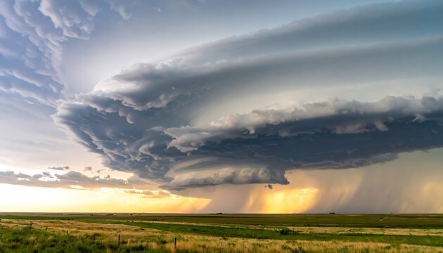 Dramatic storm clouds rolling over vast open prairie at sunset.