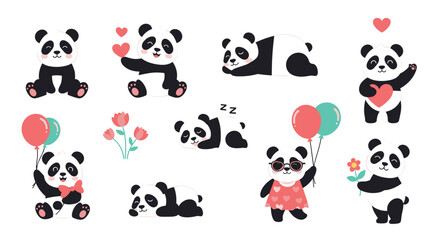 Fototapeta premium Set of adorable panda characters in various poses including sleeping, holding hearts, playing with balloons, and wearing sunglasses.