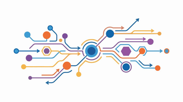 Colorful abstract network of lines circles and hexagons with arrows
