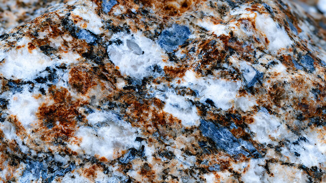 Granite slab macro surface under raking light, interlocking feldspar quartz and biotite mineral grain constellation, plutonic igneous texture, countertop material reference, geological thin section 