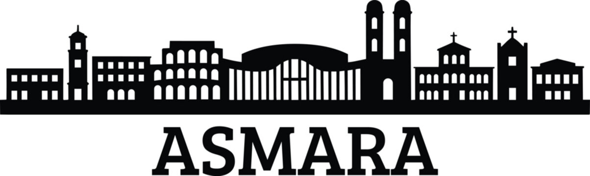 Asmara city skyline silhouette featuring historic architectural landmarks of the capital of Eritrea with bold letters text minimalist black in outline
