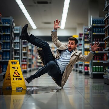 Man Falling Over in Grocery Store Aisle During Wet Floor Incident.
