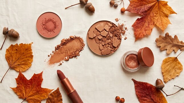 Autumn makeup products flat lay with leaves and acorns on white background