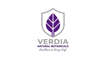 Fototapeta premium Verdia Natural Botanicals logo with a purple leaf inside a shield emblem.