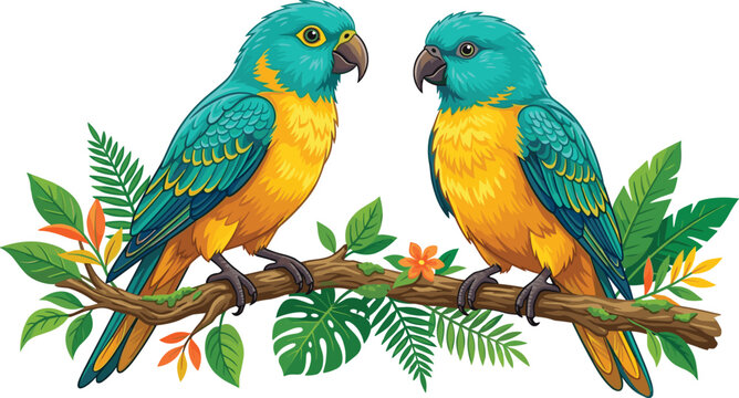 Beautiful Tropical Parrots Vector Illustration Featuring Exotic Blue and Yellow Birds Perched on a Tree Branch with Vibrant Jungle Monstera Leaves Background
