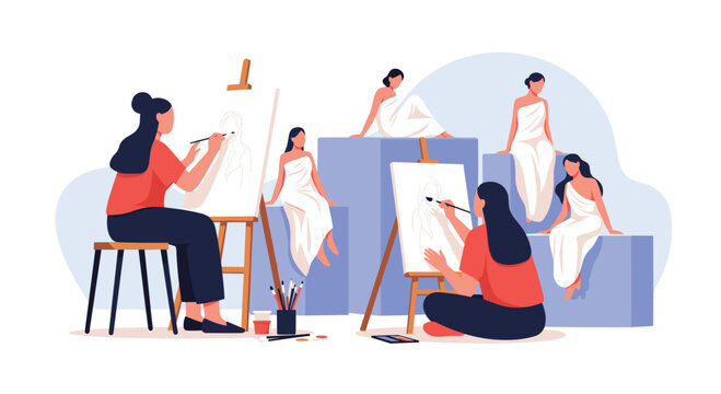 Group of creative artists working in a studio painting several female models draped in white fabric during a live drawing session.