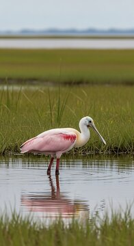 Elegant Pink and White Heron Wading in Wetland Habitat.