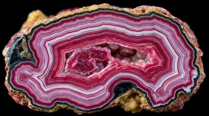 Obraz premium Rhodochrosite stalactite cross-section polished slab showing concentric banding pattern, manganese carbonate mineral, Argentine specimen, gemstone formation documentation, mineral growth ring refere