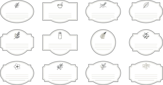 Vintage Apothecary Label Frame Set with Botanical Herb Icons and Writing Lines for Homemade Cosmetics and Jar Packaging Designs