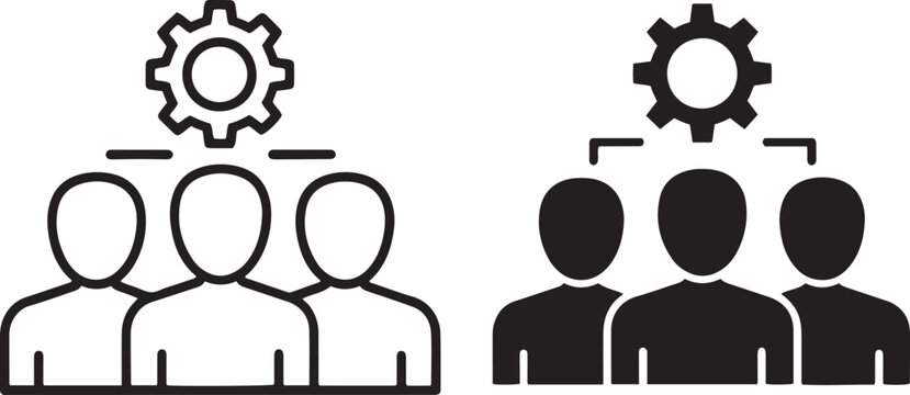 Teamwork and collaboration icons, business group with gear symbol vector, professional workforce management and technical support concept