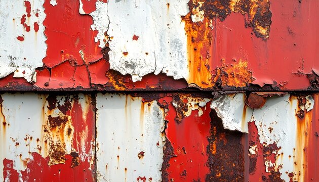 Abstract rusty metal surface with oxidized iron and peeling red paint texture