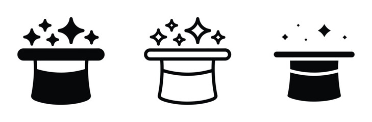 WebMagic hat with sparkles icon set in flat line and glyph vector illustration styles. Magician top hat, illusion trick, mystery show, and fantasy wizardry symbol for circus entertainment, party brand © Prime Stocks