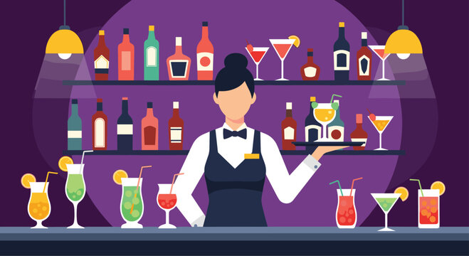 Professional female bartender standing behind a well stocked bar counter serving colorful cocktails and drinks in a nightclub.