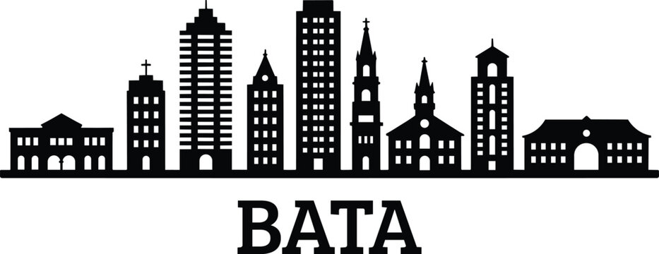 Bata city skyline silhouette featuring diverse landmarks, towers, and skyscrapers with the name of this Equatorial Guinea icon