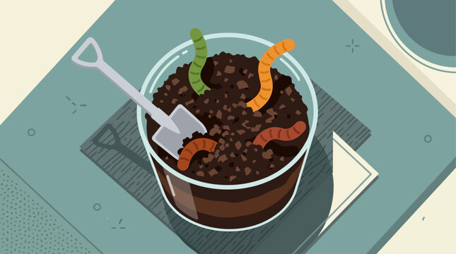 An appetizing flat design illustration showcasing a classic "worms in dirt" dessert, complete with chocolate pudding, crushed cookies, and gummy worms in a clear glass.