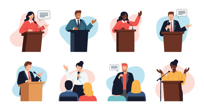 Collection of diverse speakers including men and women giving professional public speeches and presentations at wooden podiums.