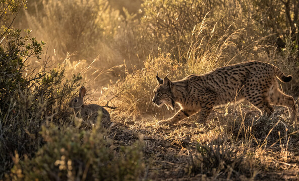  Wild Iberian lynx slowly stalking European rabbit through dense Mediterranean scrub