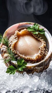 Gourmet raw abalone in a shell presented on a bed of ice with fresh parsley and steam
