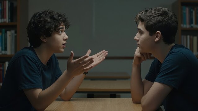 Two teenage boys having an intense conversation and debating while sitting at a wooden desk in a dimly lit library or study room with bookshelves in the background
