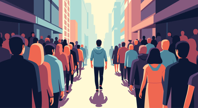 Person walking alone in the middle of a crowded city street with many people moving in different directions during rush hour.