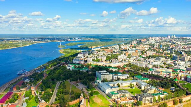 Nizhny Novgorod, Russia. Panorama of the Kremlin from the air, Drone footage Hyperlapse