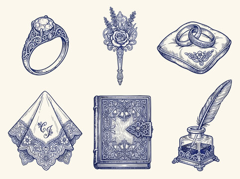 Wedding icons collection featuring diamond engagement ring bouquet lace handkerchief marriage vows book and vintage inkwell with quill pen