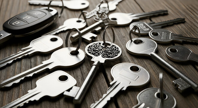 Assorted metal keys with intricate design on dark textured background