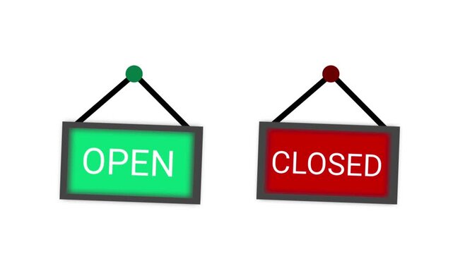 Hanging open and closed signs swinging gently on a white background and transitioning to green screen.